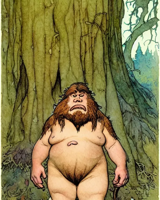 Image similar to a realistic and atmospheric watercolour fantasy character concept art portrait of a short fat bigfoot in the forest. by rebecca guay, michael kaluta, charles vess and jean moebius giraud