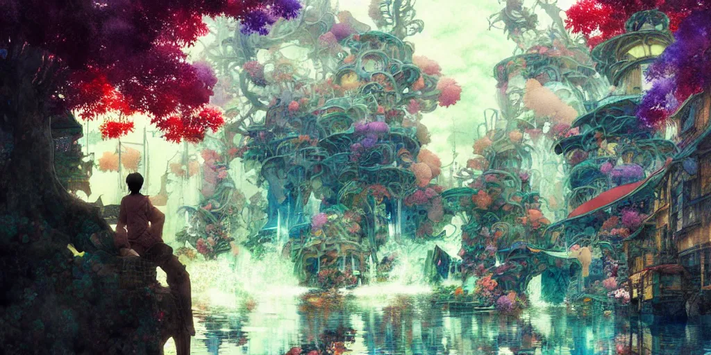 Image similar to anime movie scene, characters walk, waterway, fantasy. intricate, amazing composition, colorful watercolor, reflections, by ruan jia, by maxfield parrish, by koji morimoto, by hikari shimoda, by sparth, by zhang kechun, illustration, gloomy