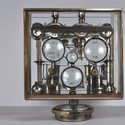 Prompt: a 1 9 6 0 s measurement device, intricate mechnical details, made of clean steal, mirrors and light bulbs, measurement needle display, studio lighting, complex machinery, museum piece