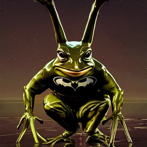 Image similar to photograph of batman cane toad, wearing smooth froggy batsuit, alluring hero pose, its just a frog wearing a batman costume, painterly, breathtaking stande, triumphant, ornate, intricate, hyper detailed, accent lighting, dramatic light, 4 k octane render