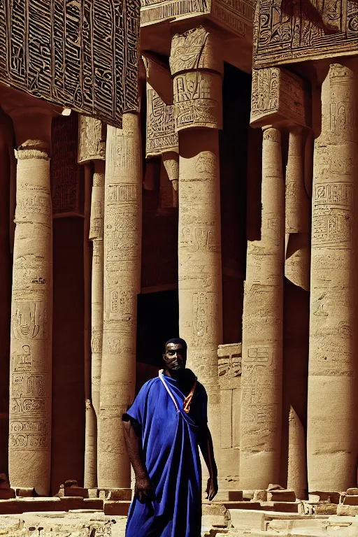 Image similar to a dramatic hero portrait of a live nubian temple guard in old egypt. photography photo art. cover of time magazine, dramatic light and shadow, saturated colors, ciaroscuro