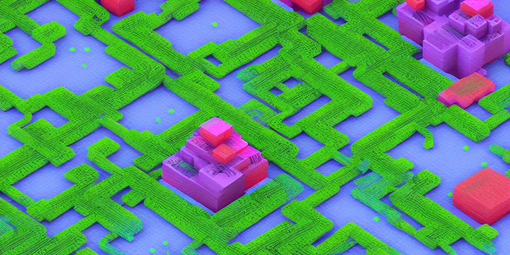 Prompt: voxel meadows intertwined with compression algorithms, alien plants, computer-circuitry based structures sticking out, abstract, pastel tones, low-poly, ray-tracing, 4k, high-quality render, trending on artstation