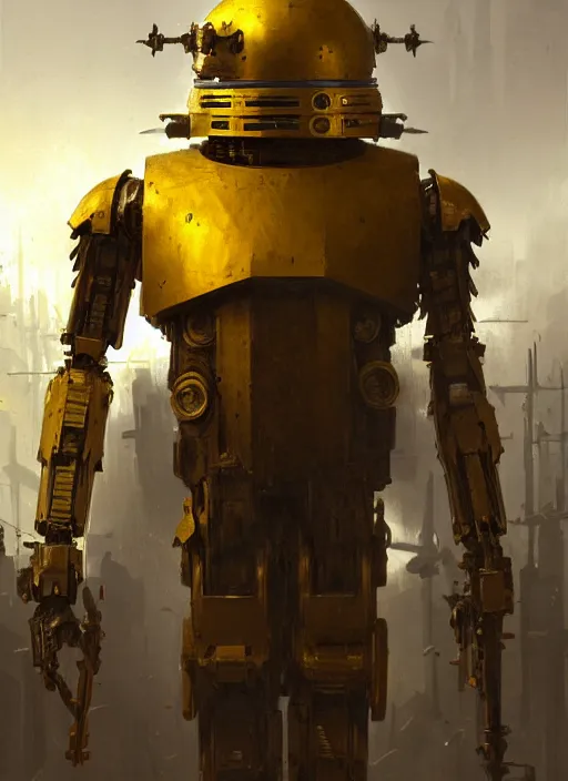 Prompt: human-sized strong intricate yellow pit droid carrying very detailed perfect antique great sword and beautiful large paladin shield, pancake short large head, exposed metal bones, painterly humanoid mecha, epic glorious, by Greg Rutkowski