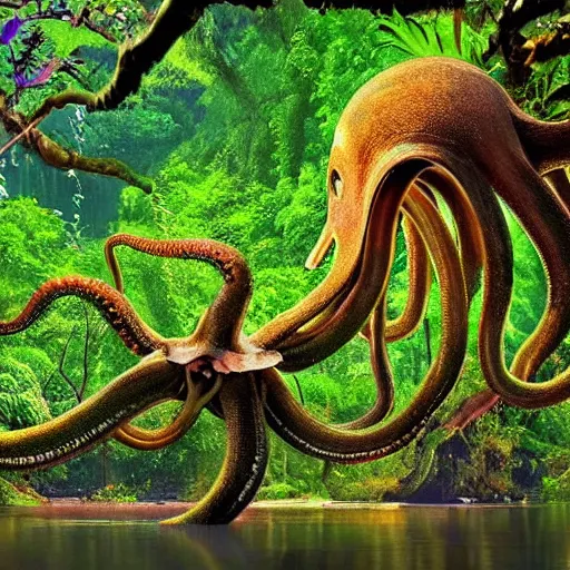 Prompt: a jungle, river with low hanging plants, flowers on the water, there is a giant octopus climbing up a tree, great photography, ambient light