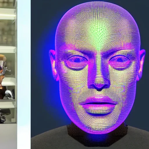 Image similar to a 3d human head made up of shiny holograms