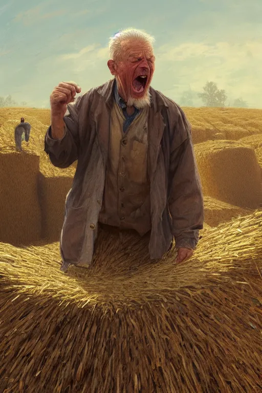 Prompt: an old man yelling at a pile of hay, realistic painting, symmetrical, highly detailed, digital painting, artstation, concept art, smooth, sharp focus, illustration, cinematic lighting, art by artgerm and greg rutkowski and alphonse mucha