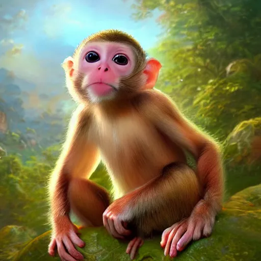 Image similar to clear portrait of baby monkeys, adorable appearance!!!, golden hour, happy apearance, cottagecore!!, background hyper detailed, character concept, full body, dynamic pose, intricate, elegant, highly detailed, digital painting, artstation, concept art, smooth, sharp focus, illustration, art by artgerm and greg rutkowski and alphonse mucha