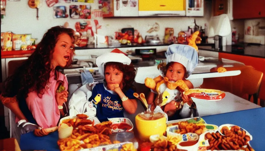 Image similar to 1 9 9 0 s candid 3 5 mm photo of a beautiful day in the family kitchen, cinematic lighting, cinematic look, golden hour, an absurd costumed mascot from the strange food giant face space club show is eating all of the kids cereal, the kids are hungry and the mascot is eating all of their food, uhd