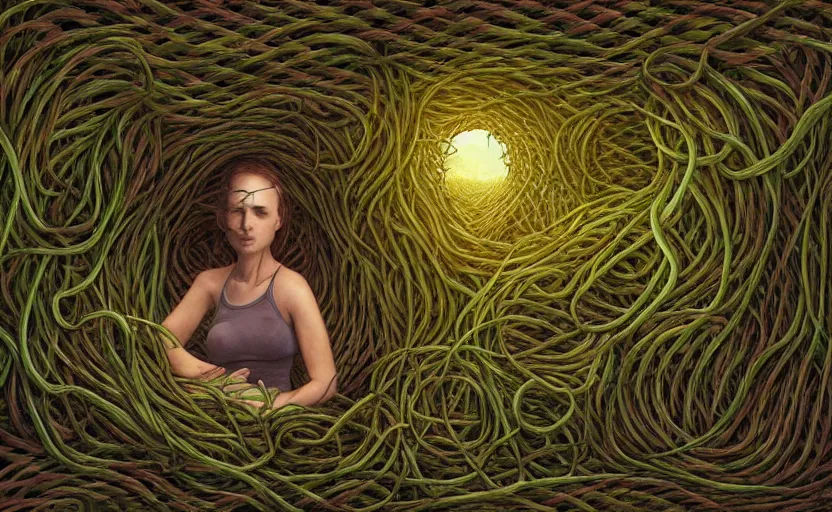 Image similar to a person trapped in the fetal position inside of extremely thick vines intertwined, central circular composition, high saturation, epic lighting, in the style of Peter gric and Hannah yata 8k