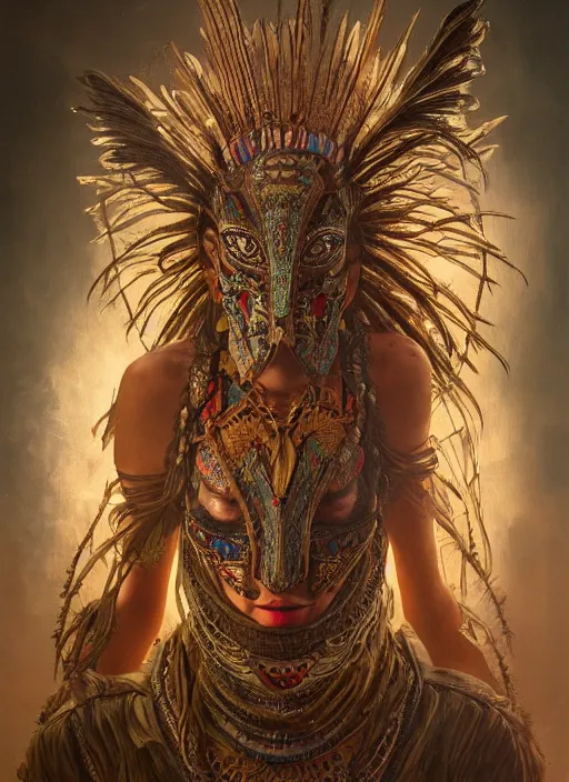 Prompt: a Photorealistic dramatic fantasy render of a beautiful woman wearing a beautiful intricately detailed Aztec Insect shaman mask and costume by WLOP,Artgerm,Greg Rutkowski,Alphonse Mucha, Beautiful dynamic dramatic dark moody lighting,shadows,cinematic atmosphere,Artstation,concept design art,Octane render,8K