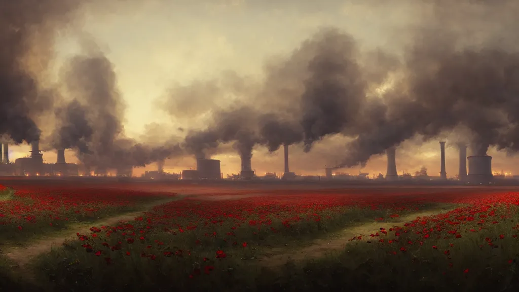 Image similar to super wide, big scene, a beautiful painting of a factory with smoking chimneys, red rose fields, dark style, little roses, very detailed, soft light effect, by thomas wrede and greg rutkowski and thomas heatherwick, 4 k hd, trending on artstation ， ultrawide viewn and highly detailed