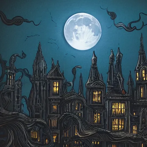 Image similar to full moon engulfed by tentacles over a gothic cityscape.