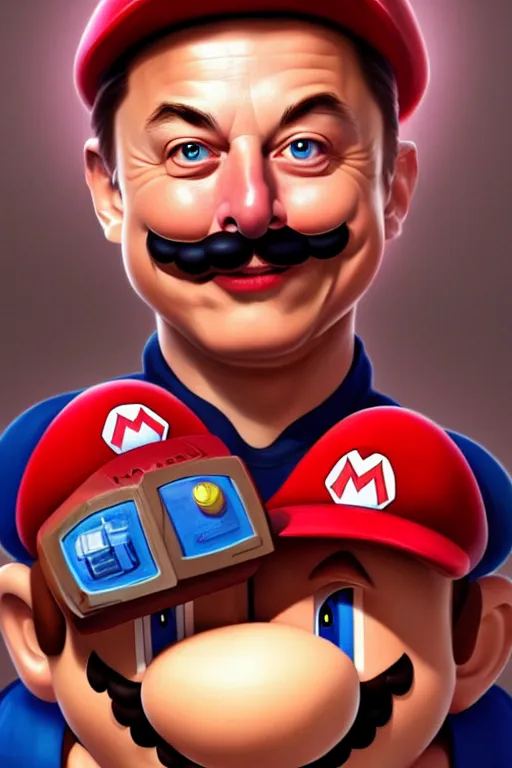 Prompt: elon musk as mario from mario bros, realistic portrait, symmetrical, highly detailed, digital painting, artstation, concept art, smooth, sharp focus, illustration, cinematic lighting, art by artgerm and greg rutkowski and alphonse mucha