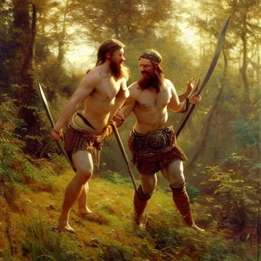 Image similar to 2 attractive male vikings frolicking in the forest. highly detailed painting by gaston bussiere, craig mullins, j. c. leyendecker, 8 k