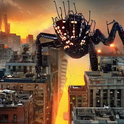 Image similar to giant robotic spider crashing down on a city destroying everything in his path