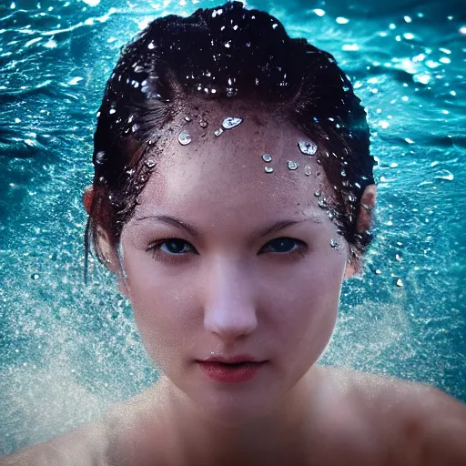 Image similar to water artwork manipulation in the shape of a beautiful female head, on the ocean water, ray tracing, realistic water sharp focus, long shot, 8 k resolution, cinematic, amazing water art, hyper realistic