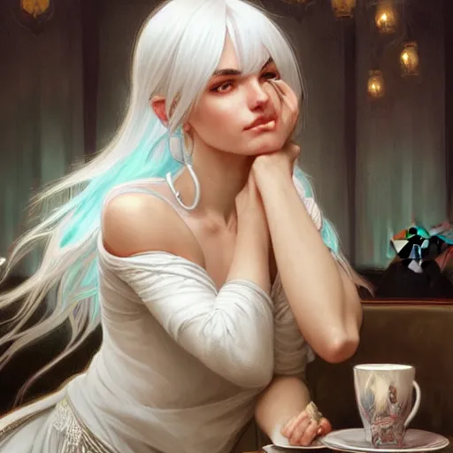 Image similar to a beautiful girl with white hair and bangs, sitting in a cafe, fantasy, intricate, elegant, highly detailed, digital painting, artstation, concept art, matte, sharp focus, illustration, art by Artgerm and Greg Rutkowski and Alphonse Mucha