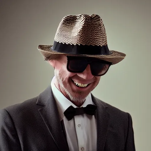 Prompt: film still, extreme long shot, of an enigmatic mysterious man, smiling, face unseen by wearing a woven fedora and chopard sunglasses, expensive outfit, elegant, casual, intricate, he has petelgeuses hability to summon numerous invisible hand - like appendages from his body that he could move and extend telekinetically