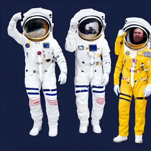 Image similar to 8 queens dressed as astronauts looking at the universe