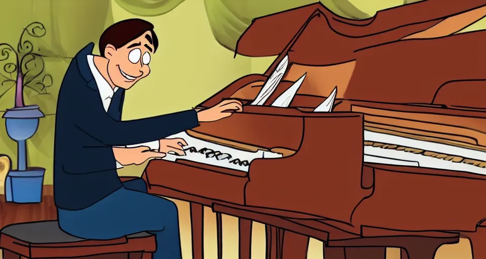 Prompt: a man playing a piano in the style of a disney cartoon