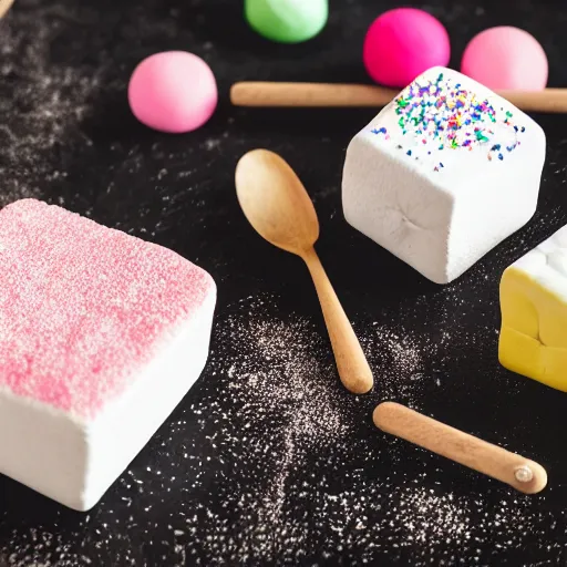 Image similar to photograph of a delicious marshmallow cube with sprinkles on a dark wooden chopping board, pastel colours, hessian cloth, styled food photography, photorealistic, 4 k