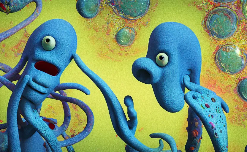 Image similar to squidward taking an acid trip, digital painting, octane render, psychedelic, intricate detail, highly detailed