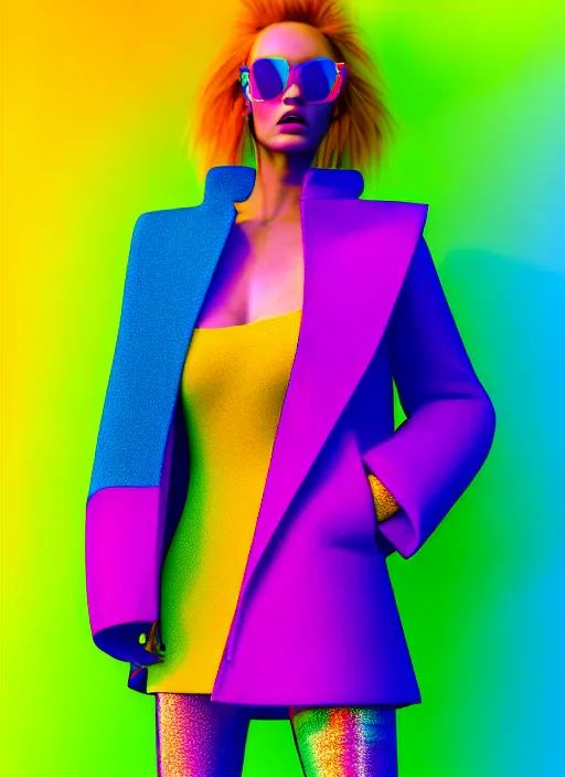 Image similar to stylish coat for a rave, bright colors, many details, prints, photo for a magazine, photo for a store, fashion photography, Vogue, 135 mm, cinematic, hyper realism, high detail, octane render, 8k, chrome accents, very coherent symmetrical artwork, perfect face model, full length photo, Upper and lower body, even skin tone