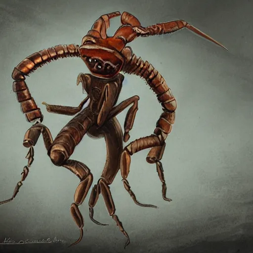 Image similar to an old steam trunk with the legs of a scorpion, following on the heels of a tragic goblin in search of a home. expressive digital painting, very detailed.