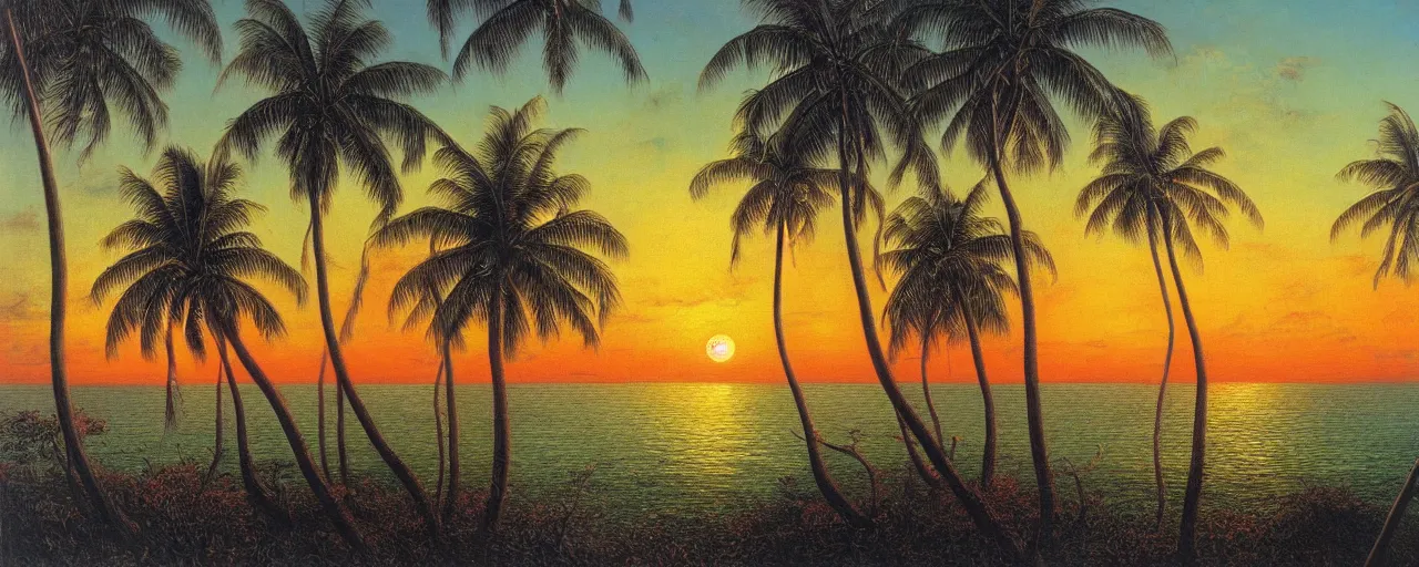 Prompt: psychedelic surreal oil painting of a sri lankan landscape at sunset, coconut trees in the foreground, ocean sunset in the background, realistic oil painting by gustave dore, - h 6 4 0,