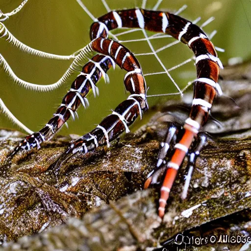 Image similar to hybrid animal of a centipede and spider, real photo, seen on midnight trail camera