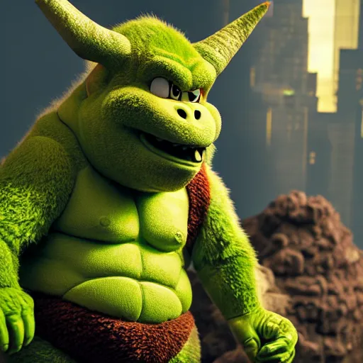 Image similar to super mario godzilla yoda donkey kong pikachu yeti shrek spongebob homer groot, highly detailed, extremely high quality, hd, 4 k, 8 k, professional photographer, 4 0 mp, lifelike, top - rated, award winning, realistic, detailed lighting, detailed shadows, sharp, no blur, edited, corrected, trending