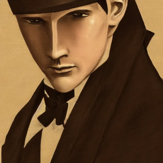 Image similar to photorealistic sepia portrait of a 1 9 2 0 s era male magician, well dressed, long - tailed tuxedo coat, in the style of kai carpenter, atmospheric lighting, dark, brooding, painted, intricate, ultra detailed, well composed, best on artstation, cgsociety, epic, stunning, gorgeous, intricate detail, much wow, masterpiece