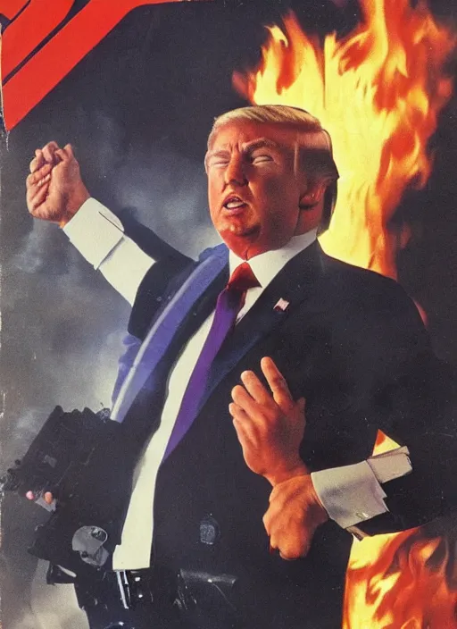 Image similar to an 8 0's john alvin action movie poster of donald trump starring in trumpster fire. dumpster explosions.