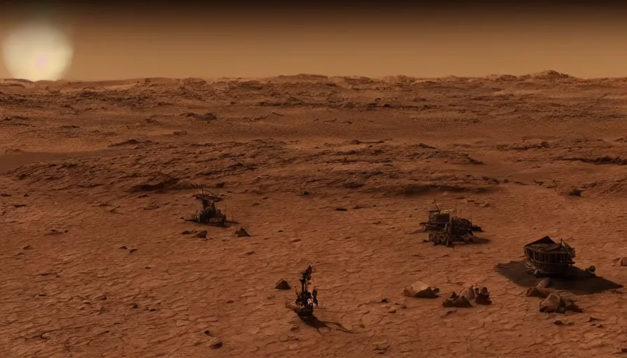 Prompt: shot of pirates of the caribbean on the surface of Mars 4k quality landscape cinematic wide scene still image concept realistic MOVIE