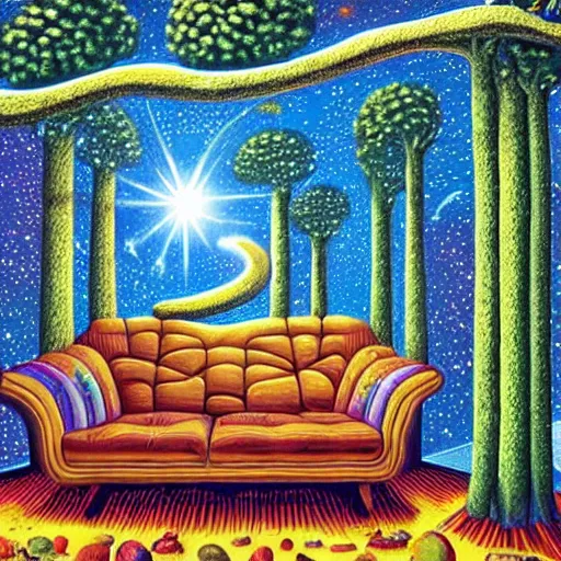 Image similar to psychedelic trippy couch pine forest planets milky way sofa cartoon by rob gonsalves