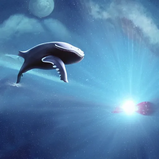 Prompt: whale spaceship flying near a red dwarf star