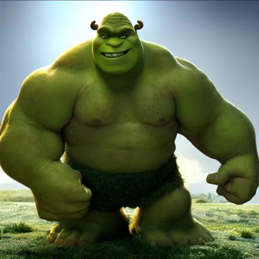 Image similar to shrek and the hulk are best friends, wide shot, dramatic lighting, octane render, hyperrealistic, HD