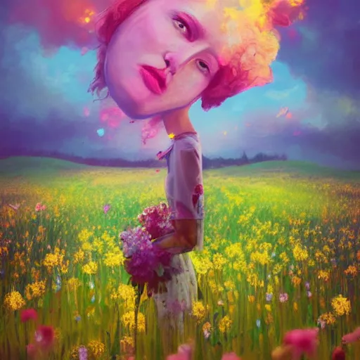 Image similar to girl with an blooming flower for a face, surreal photography, dream, standing in flower field, magical, in a valley, sunrise dramatic light, impressionist painting, colorful clouds, artstation, simon stalenhag, exploding flower face