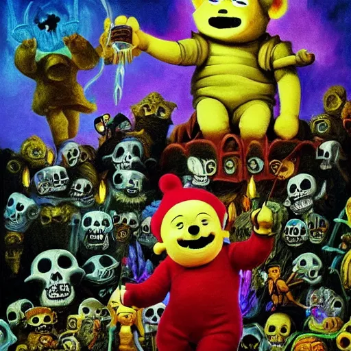 Image similar to teletubby perched atop a throne of skulls, epic dark fantasy oil painting, dimly lit masterpiece, disturbing and evil