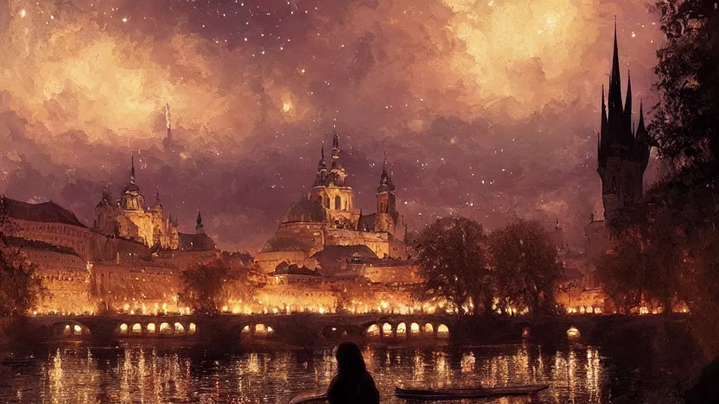 Image similar to a beautiful painting of a view from the river of a arabian prague cathedral palaces, at night with a sky full of stars, intricate, elegant, highly detailed, digital painting, artstation, concept art, by krenz cushart and artem demura and john williams waterhouse