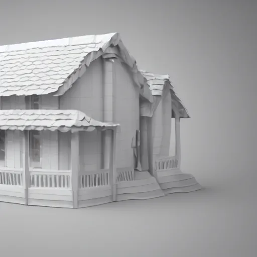 Prompt: origami farmhouse in white paper, 3 d render, ultra detailed, on white background, studio shot