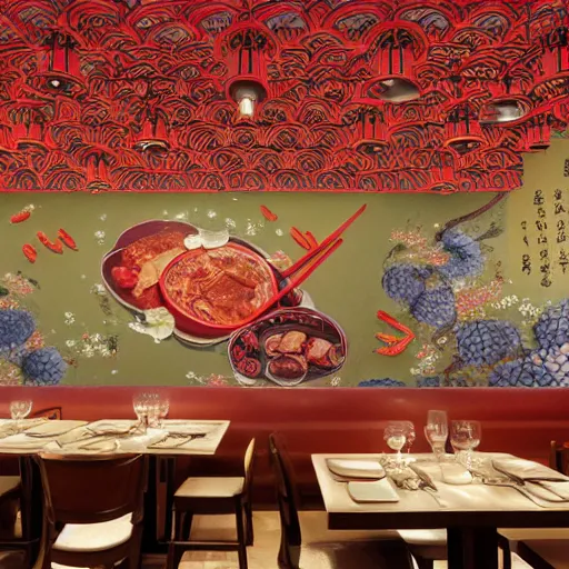 Image similar to a beautiful hyperdetailed 4 k hd wallpaper illustration interior of roasted string hotpot restaurant restaurant yan'an, wall painting, from china, with merchant logo, fine delicate structure, chinese style, victo ngai