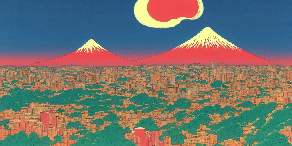 Prompt: skyline of a large metropolis, large mountain looming in the background, acid and dreaming psychedelic hallucinations, by kawase hasui, moebius and edward hopper, colorful flat surreal design, hd, 8 k, artstation
