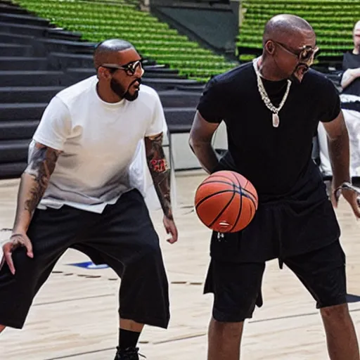 Prompt: anthony fantano playing basketball with kanye west