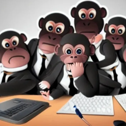 Image similar to 5 monkeys in suits using computers