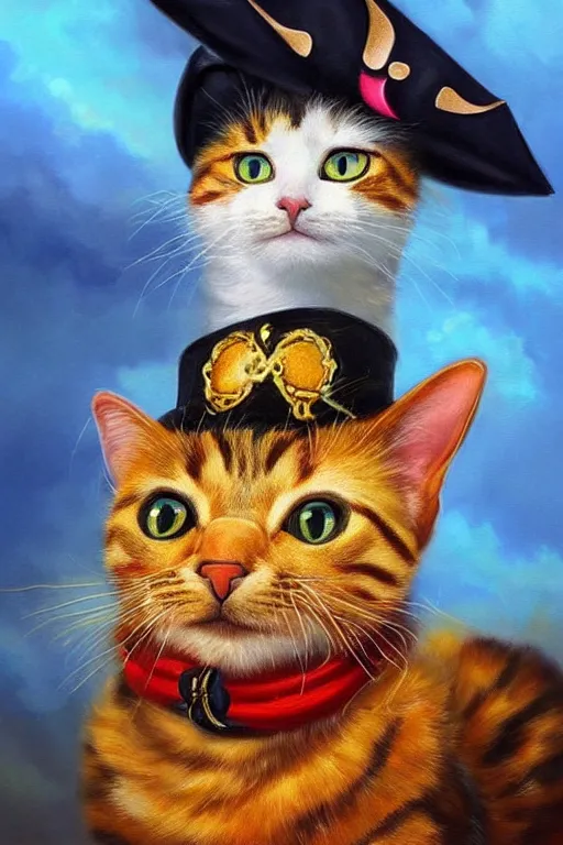 Prompt: A beautiful oil painting of a Cat dressed as a pirate, intricate, elegant, golden hour, volumetric lighting, summer, hyperrealistic, colorful, hyperdetailed.