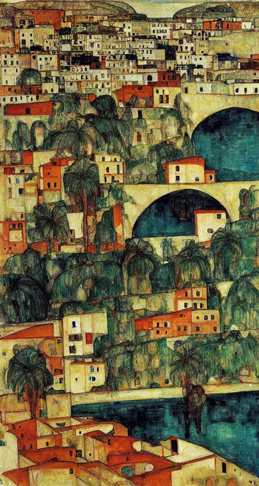 Image similar to small city in south of iran with a bridge on local river and palm trees, painting by egon schiele