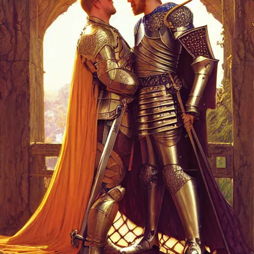 Image similar to attractive arthur pendragon and his favourite attractive male knight, they are in love, camelot, natural lighting, path traced, highly detailed, high quality, digital painting, by gaston bussiere and ross tran and j. c. leyendecker and alphonse mucha