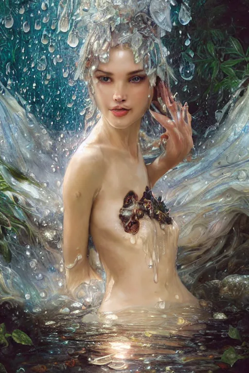 Image similar to portrait of a beautiful woman wearing a royal victorial dress, silver hair, drenched body, wet dripping hair, emerging from the water, fantasy, regal, fractal crystal, fractal stone gems, by stanley artgerm lau, ross tran, greg rutkowski, thomas kindkade, alphonse mucha, loish, norman rockwell
