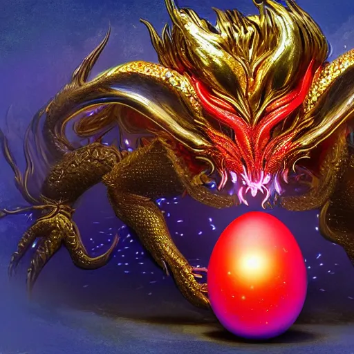 Image similar to an elaborate glowing red and blue dragon egg emerging from the blossom of a metallic gold flower with tendrils of gold wrapping around the egg, fantasy concept art